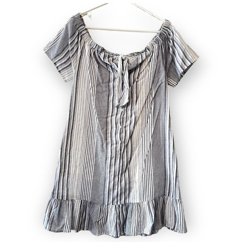 Kori American Medium Blue 100% Cotton Off The Shoulder Mini Dress Ruffle Lined